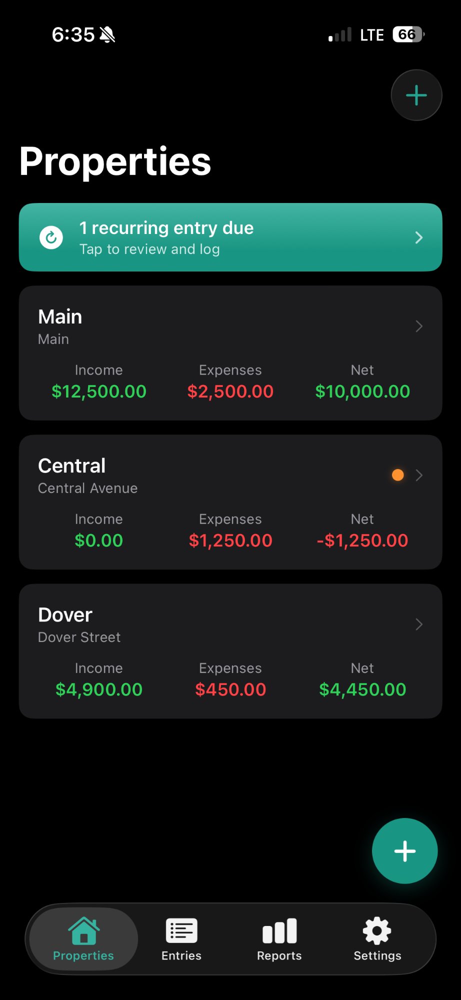 Rental Log Properties Screen
